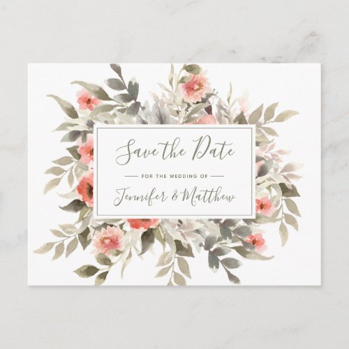 Save the Date Watercolor Wedding Blush Rose Wreath Invitation Postcard
