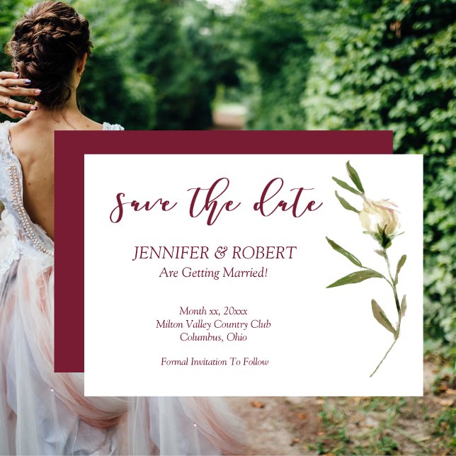 Save The Date Watercolor White Roses Cranberry Invitation (Save The Date Watercolor White Rose Cranberry Invitation)