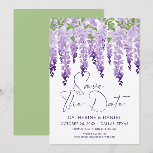 Save The Date Watercolor Wisteria Lilac Wedding (Front/Back)