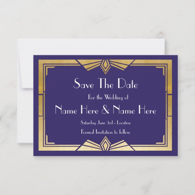 Save The Date Wedding 1920's Navy Gold Invites (Front)