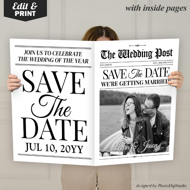 Save the Date Wedding Announcement Newspaper Prop Card (Save The Date Newspaper Template Canva, Wedding Save The Date Announcement Photoshoot Newspaper Prop)