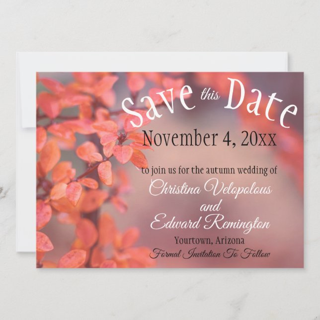 Save The Date Wedding Autumn Leaves Framing Bokeh Announcement (Front)