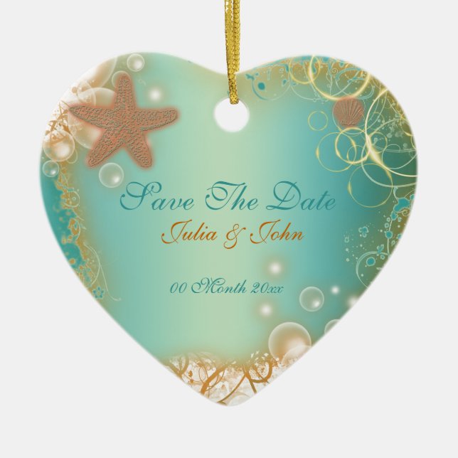 Save The Date wedding beach theme announcement Ceramic Ornament (Front)
