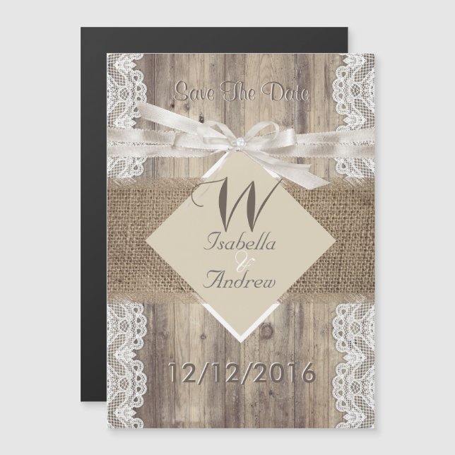Save The Date Wedding Beige White Lace Wood Burlap Magnetic Invitation (Front/Back)