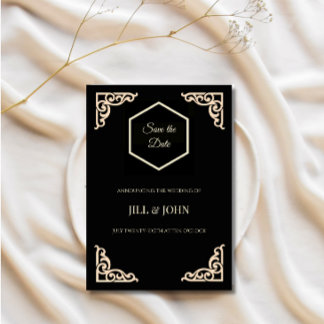 Save the Date Wedding Black Gold Hexagon Art Deco