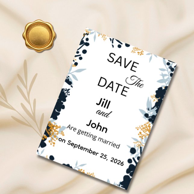 Save The Date Wedding Botanical Card Blue Gold (Creator Uploaded)