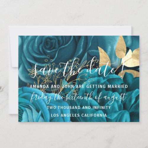 Save The Date Wedding Bride Floral Gold Blue Aqua