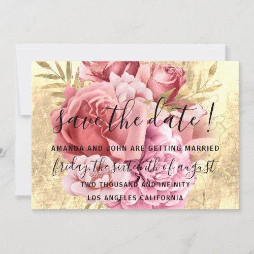 Save The Date Wedding Bride Floral Gold Pink Roses