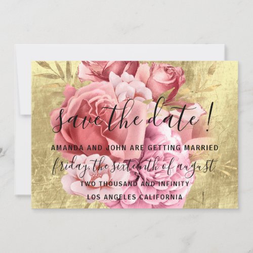 Save The Date Wedding Bride Floral Gold Pink Roses