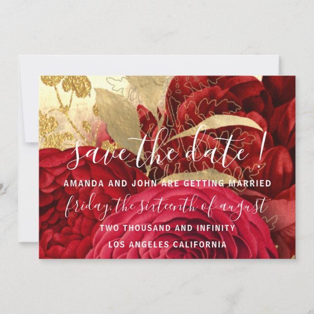 Save The Date Wedding Bride Floral Gold Red Roses (Front)