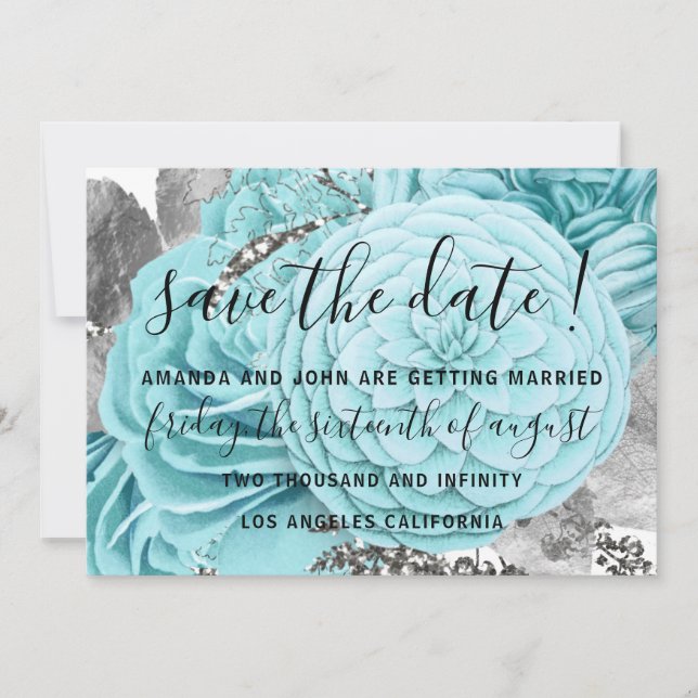 Save The Date Wedding Bride Roses Aqua (Front)
