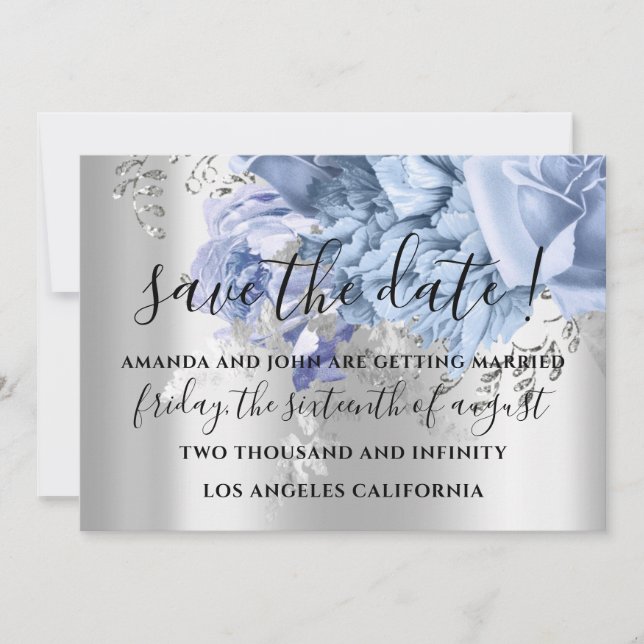 Save The Date Wedding Bride Silver Blue Roses (Front)