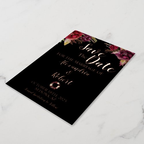 Save the Date Wedding Burgundy Flowers Rose Gold Foil Invitation