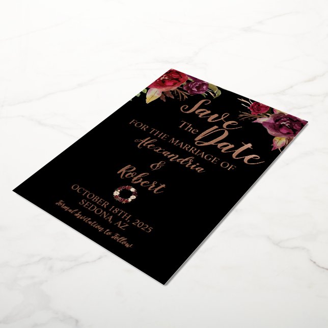 Save the Date Wedding Burgundy Flowers Rose Gold Foil Invitation (Rotated)