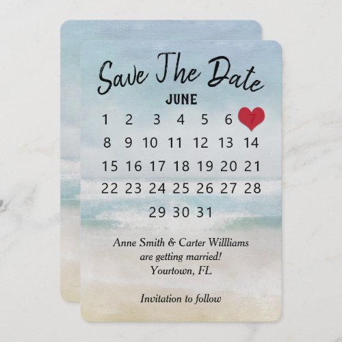 Save the Date Wedding Calendar Ocean Beach Invitation