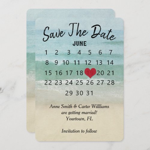 Save the Date Wedding Calendar Ocean Beach Invitation