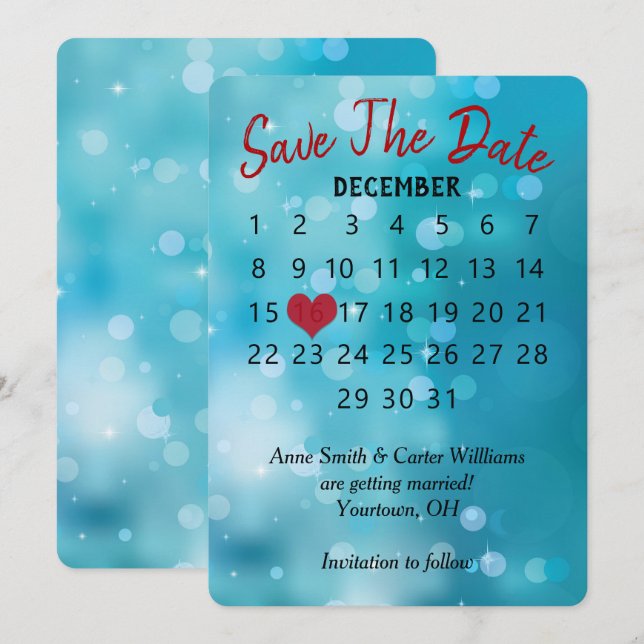 Save the Date Wedding Calendar on Aqua Bokeh Invitation (Front/Back)