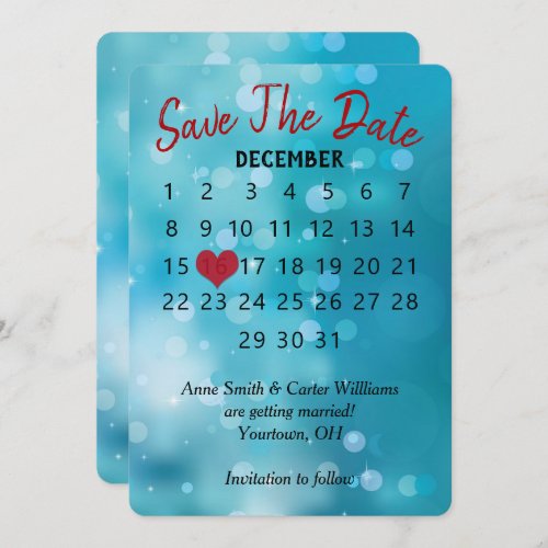 Save the Date Wedding Calendar on Aqua Bokeh Invitation