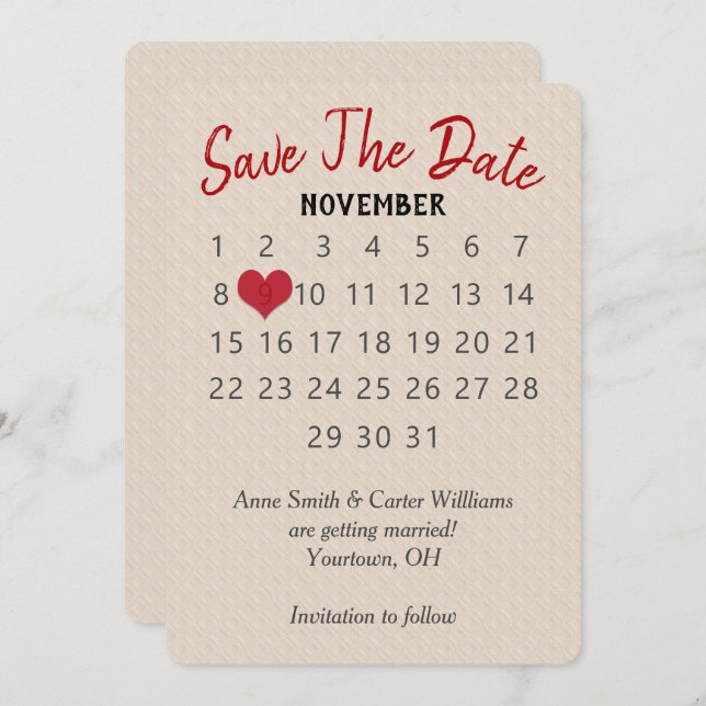 Save the Date Wedding Calendar on Embossed Pattern Invitation (Front/Back)