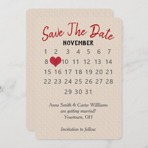 Save the Date Wedding Calendar on Embossed Pattern Invitation