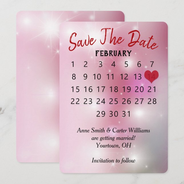 Save the Date Wedding Calendar on Pink Bokeh Invitation (Front/Back)