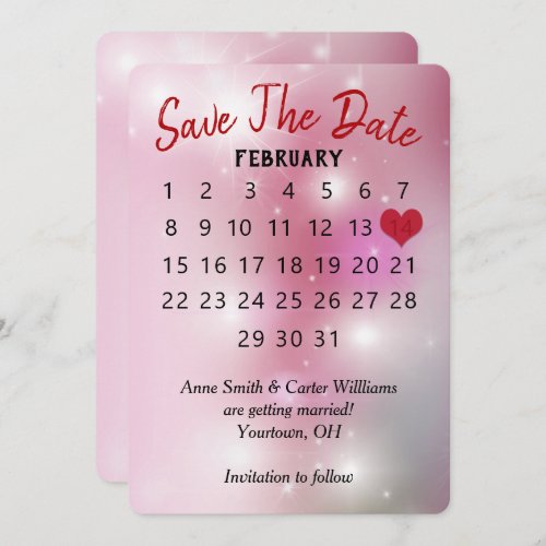 Save the Date Wedding Calendar on Pink Bokeh Invitation