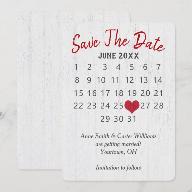 Save the Date Wedding Calendar on Wood Invitation (Front/Back)
