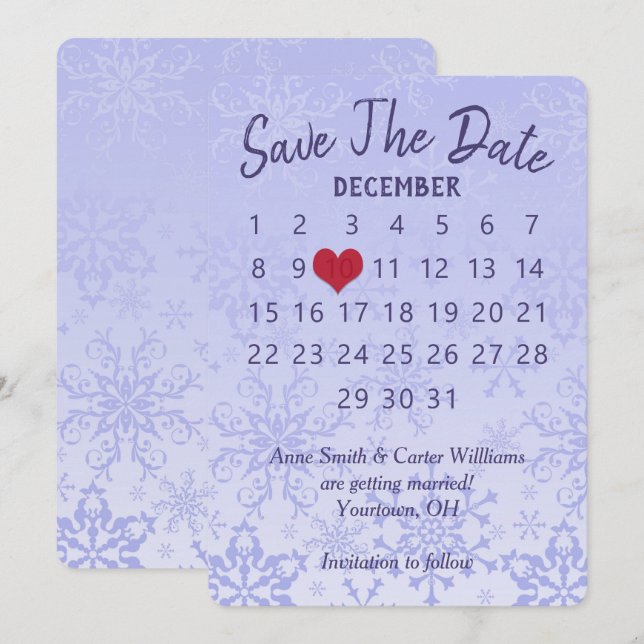 Save the Date Wedding Calendar Purple Snowflakes Invitation (Front/Back)