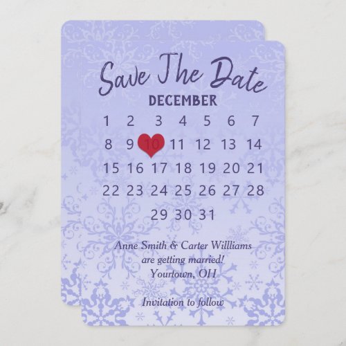 Save the Date Wedding Calendar Purple Snowflakes Invitation