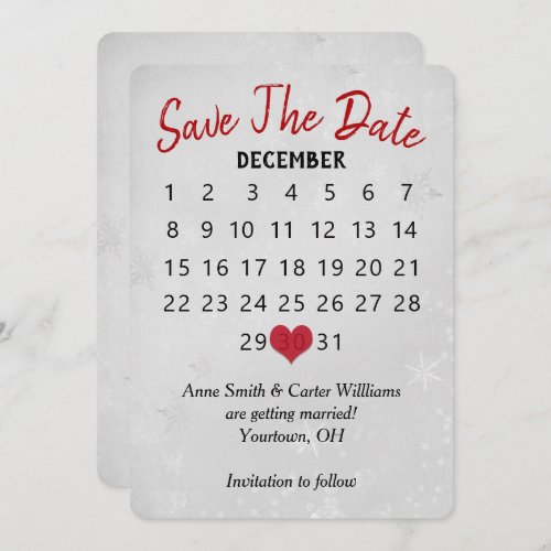 Save the Date Wedding Calendar Silver Snowflakes Invitation
