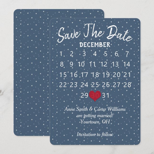 Save the Date Wedding Calendar Star Snowflakes Invitation (Front/Back)