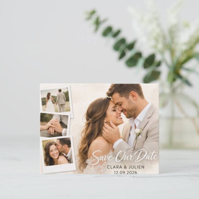 Save the Date Wedding Card Modern Script | 4 Photo (Standing Front)