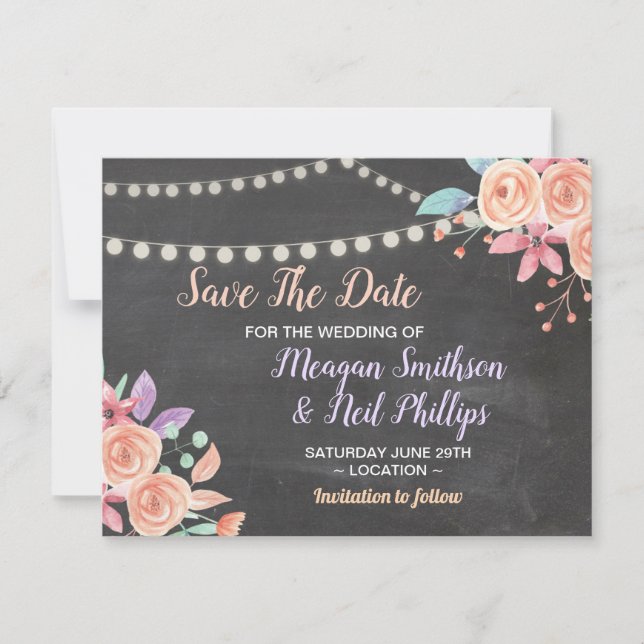 Save The Date Wedding Card Peach Flower Chalk (Front)