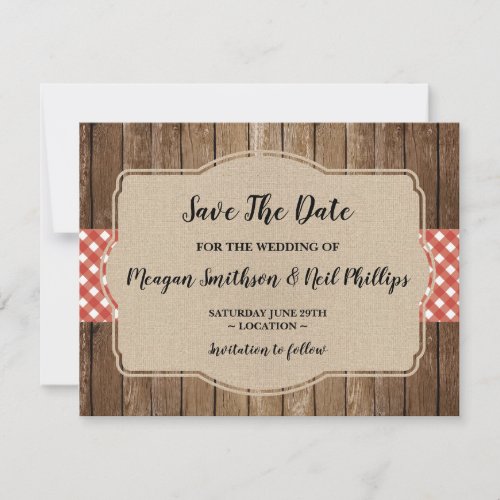 Save The Date Wedding Card Red Gingham Burlap BBQ