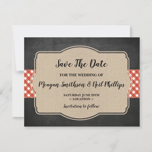 Save The Date Wedding Card Red Gingham Burlap BBQ (Front)