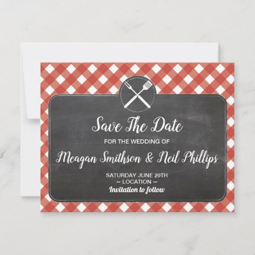 Save The Date Wedding Card Red Gingham Chalk BBQ