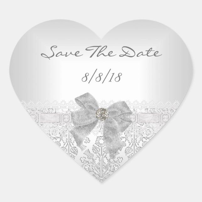 Save The Date Wedding Damask White Silver Bow Heart Sticker (Front)