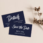 Save the Date & Wedding Detail Inserts over Navy<br><div class="desc">Keep your guests in the loop regarding all your wedding-related details with these pretty, wedding favor insert cards. These pretty cards reflect an elegant, casual style. Elegant text overlays were designed using a modern, bold, casual script font; one side reads "Save the Date" and the other, simply says "Details". Use...</div>