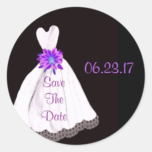 Save the Date _ Wedding Dress with PURPLE Bouquet Classic Round Sticker