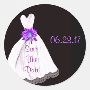 Save the Date - Wedding Dress with PURPLE Bouquet Classic Round Sticker