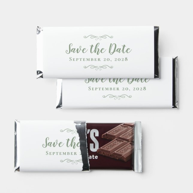Save The Date Wedding Engagement Sage Green Hershey Bar Favors (Front)