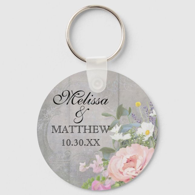 Save the Date Wedding Favors Rustic Wood Floral Keychain (Front)