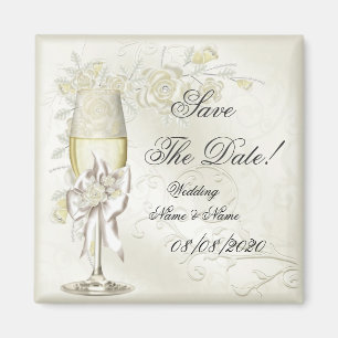 Save The Date Wedding Gold Cream Pearl Floral Rose Magnet