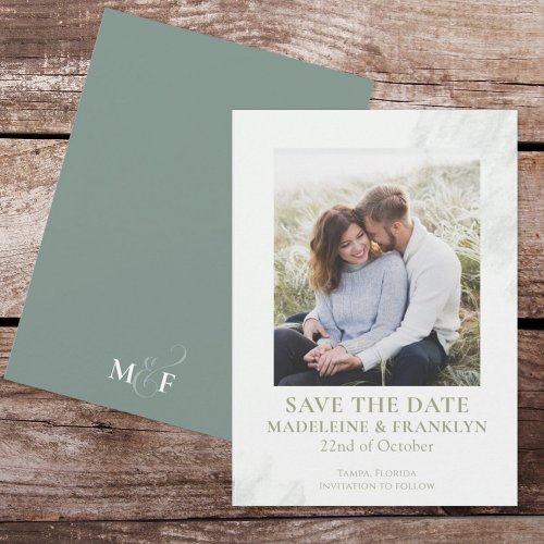 Save the Date Wedding Green Watercolor Photo Invitation