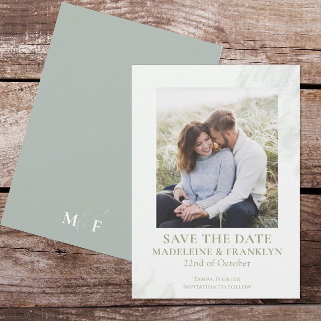 Save the Date Wedding Green Watercolor Photo Invitation (Creator Uploaded)