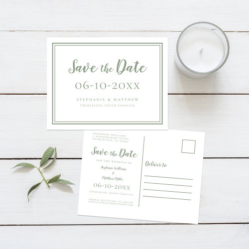 Save The Date Wedding Green  White Simple Modern Announcement Postcard