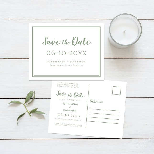 Save The Date Wedding Green & White Simple Modern Announcement Postcard (Save The Date Wedding Green & White Simple Modern Announcement Postcard)