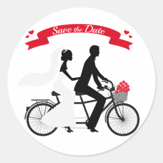 Save the date, wedding invitation tandem bicycle classic round sticker