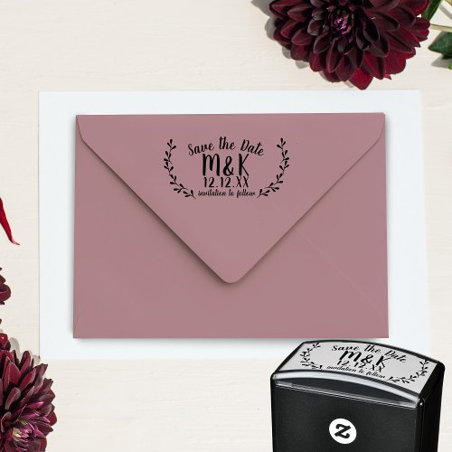 Save the Date Wedding Laurel Wreath   Self_inking Stamp