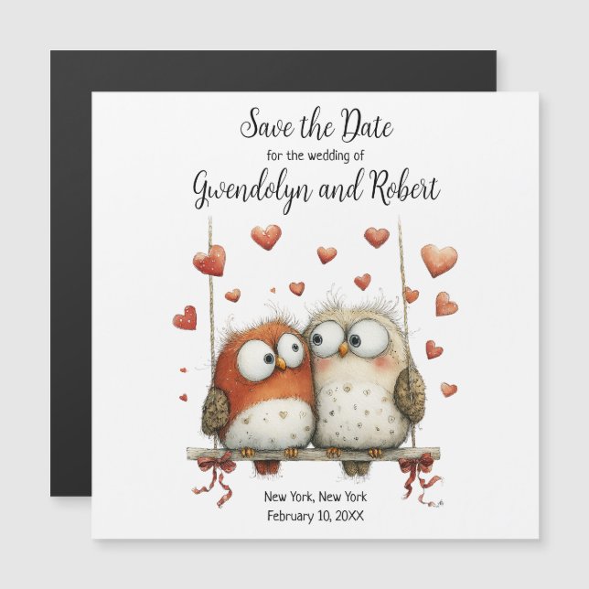 Save the Date Wedding Magnet Cute Owl Couple  (Front/Back)